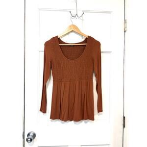 American Eagle Smocked Babydoll Top Size S Brown Rust Long Sleeve Y2K Peasant